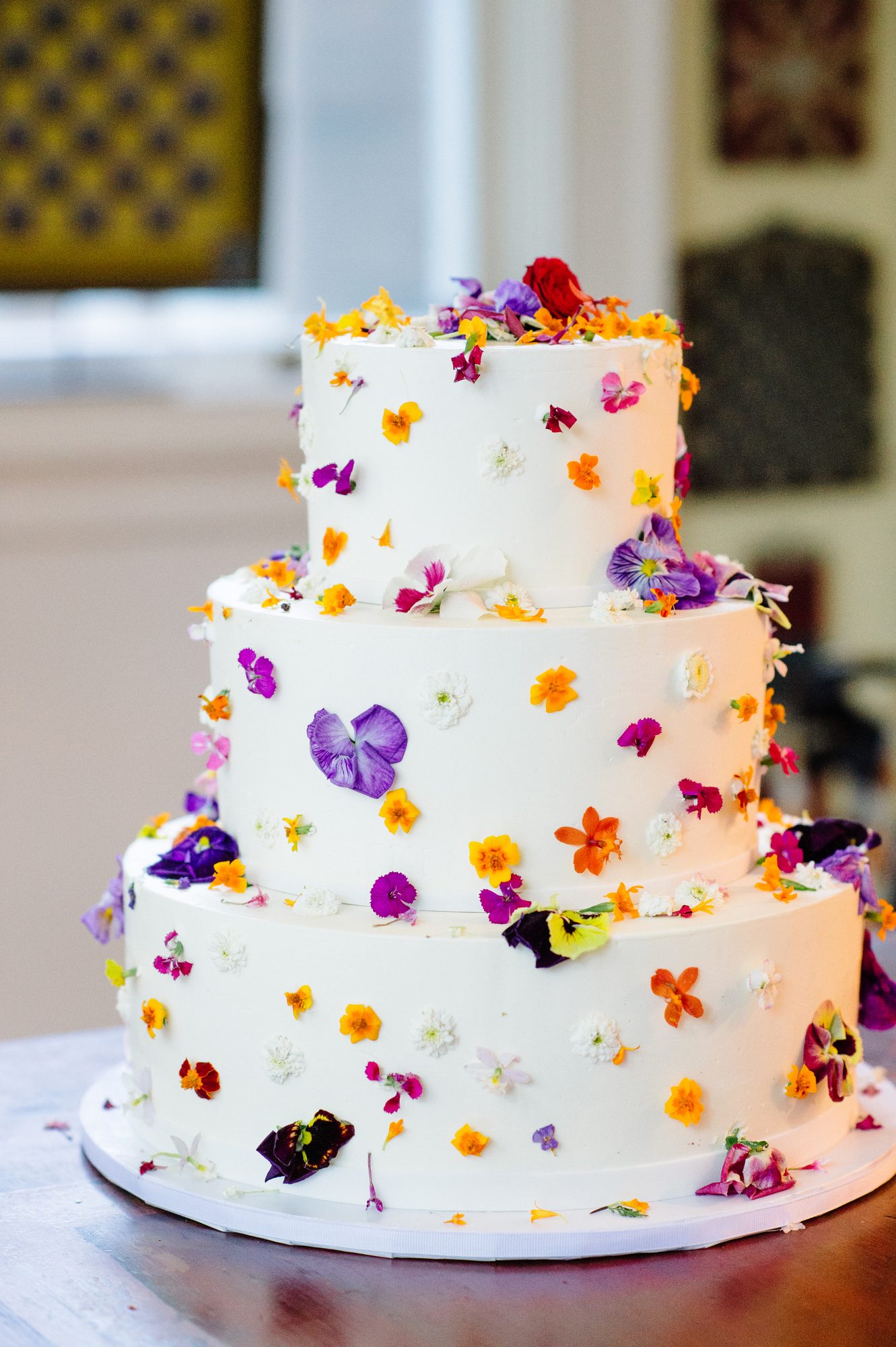 Wedding cake with fresh edible flowers